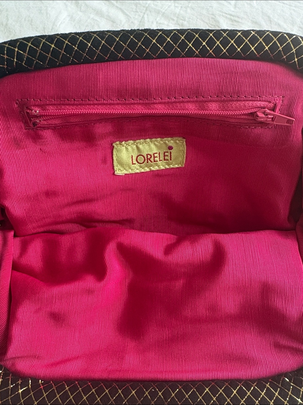 NWOT Vintage Lorelei Gold Geometric Lattice Clutch Hot Pink Lining - Picture 6 of 9